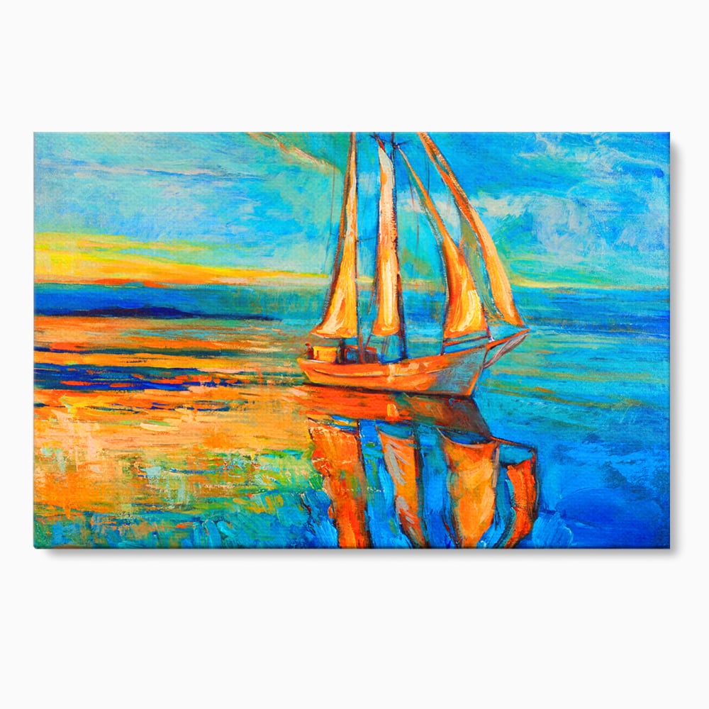 Tablou Canvas Premium LuxCanva® A1062, Pescar In Barca , Peisaj, Mare, Portocaliu, Abstract, Culori Vibrante