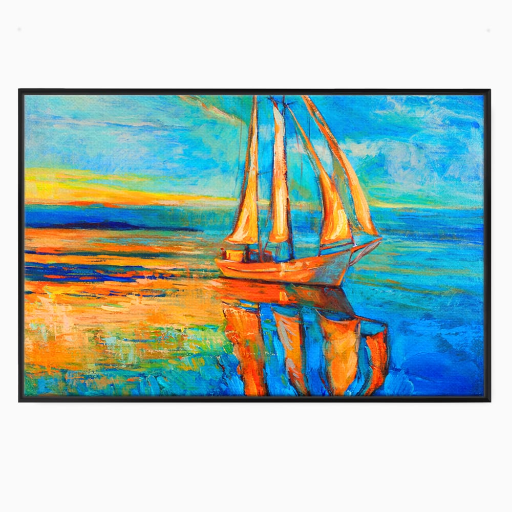 Tablou Canvas Premium LuxCanva® A1062, Pescar In Barca , Peisaj, Mare, Portocaliu, Abstract, Culori Vibrante