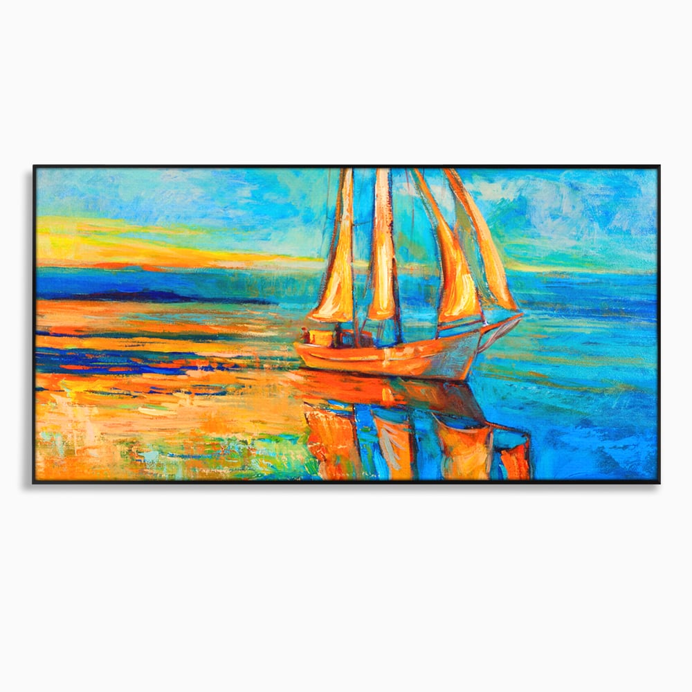 Tablou Canvas Premium LuxCanva® A1062, Pescar In Barca , Peisaj, Mare, Portocaliu, Abstract, Culori Vibrante
