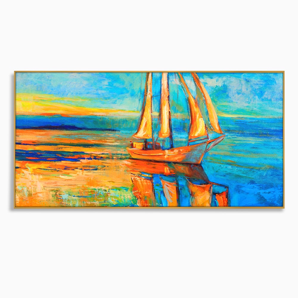 Tablou Canvas Premium LuxCanva® A1062, Pescar In Barca , Peisaj, Mare, Portocaliu, Abstract, Culori Vibrante