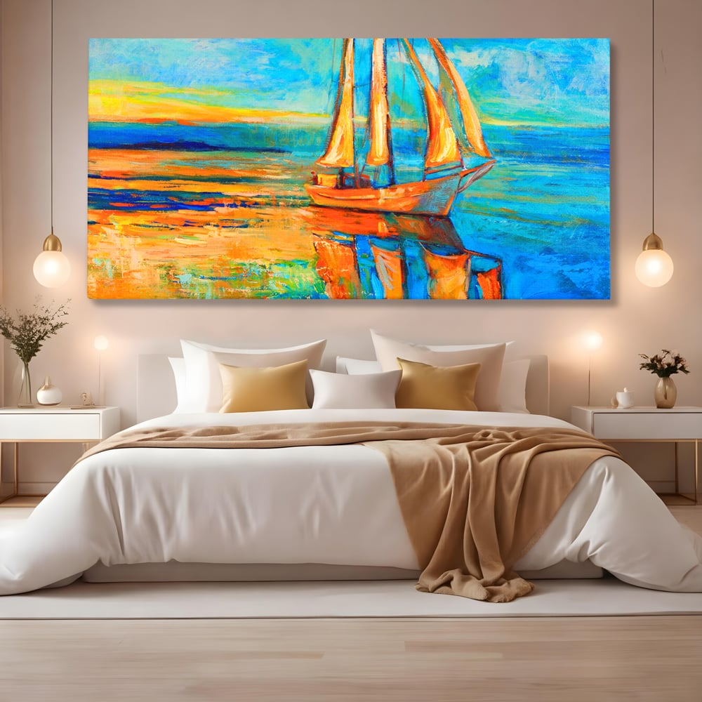 Tablou Canvas Premium LuxCanva® A1062, Pescar In Barca , Peisaj, Mare, Portocaliu, Abstract, Culori Vibrante