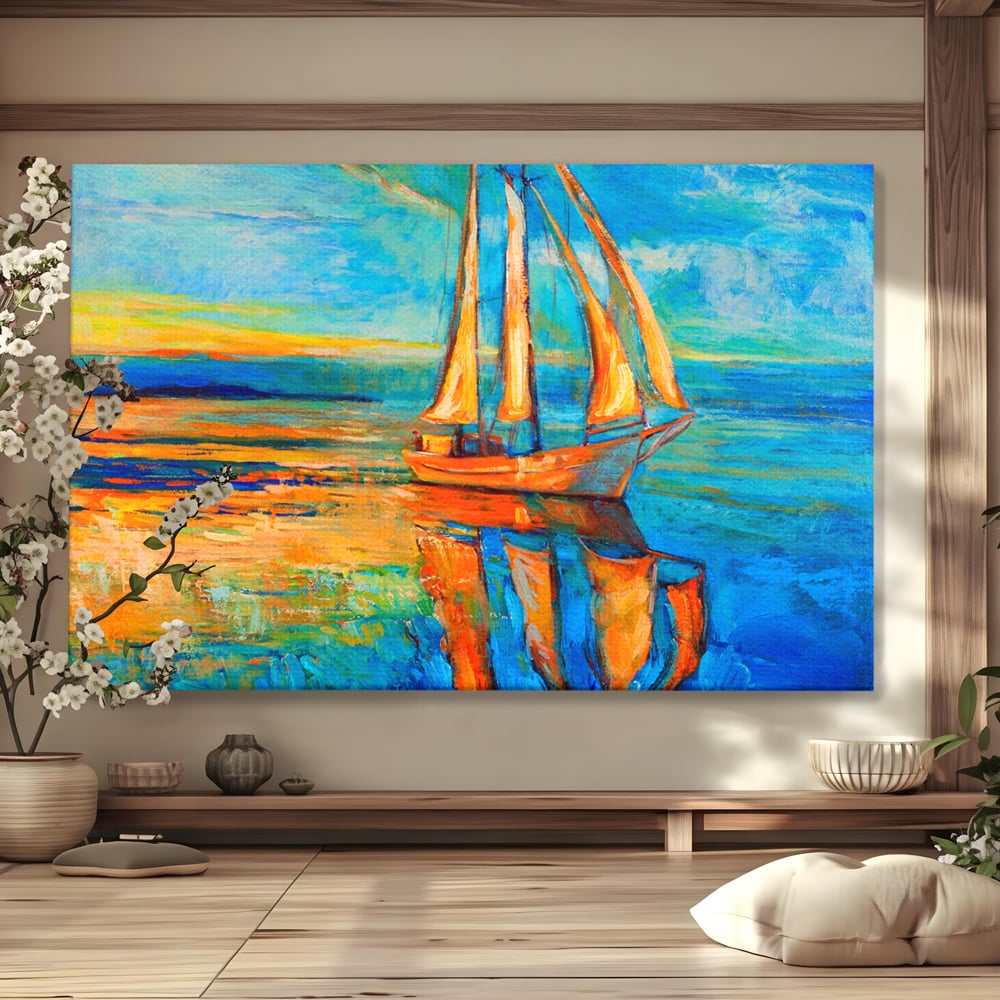 Tablou Canvas Premium LuxCanva® A1062, Pescar In Barca , Peisaj, Mare, Portocaliu, Abstract, Culori Vibrante