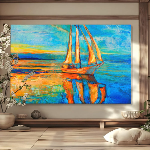 Tablou Canvas Premium LuxCanva® A1062, Pescar In Barca , Peisaj, Mare, Portocaliu, Abstract, Culori Vibrante
