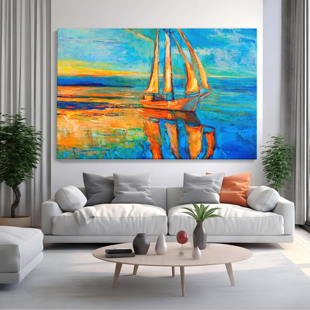Tablou Canvas Premium LuxCanva® A1062, Pescar In Barca , Peisaj, Mare, Portocaliu, Abstract, Culori Vibrante