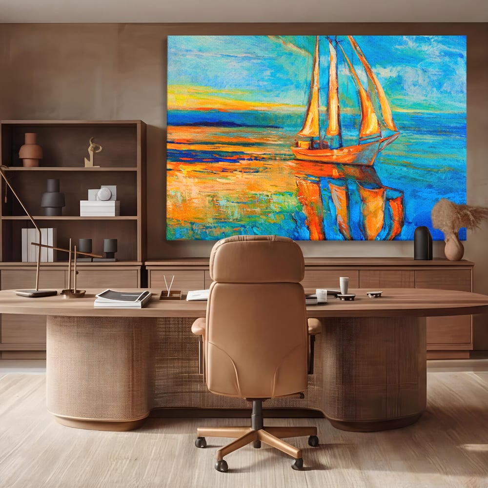 Tablou Canvas Premium LuxCanva® A1062, Pescar In Barca , Peisaj, Mare, Portocaliu, Abstract, Culori Vibrante