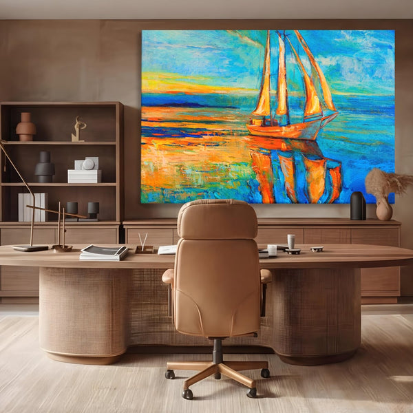 Tablou Canvas Premium LuxCanva® A1062, Pescar In Barca , Peisaj, Mare, Portocaliu, Abstract, Culori Vibrante