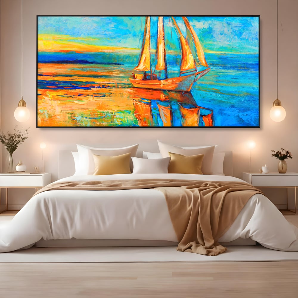 Tablou Canvas Premium LuxCanva® A1062, Pescar In Barca , Peisaj, Mare, Portocaliu, Abstract, Culori Vibrante