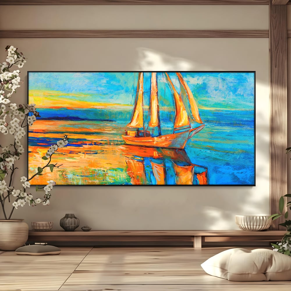 Tablou Canvas Premium LuxCanva® A1062, Pescar In Barca , Peisaj, Mare, Portocaliu, Abstract, Culori Vibrante