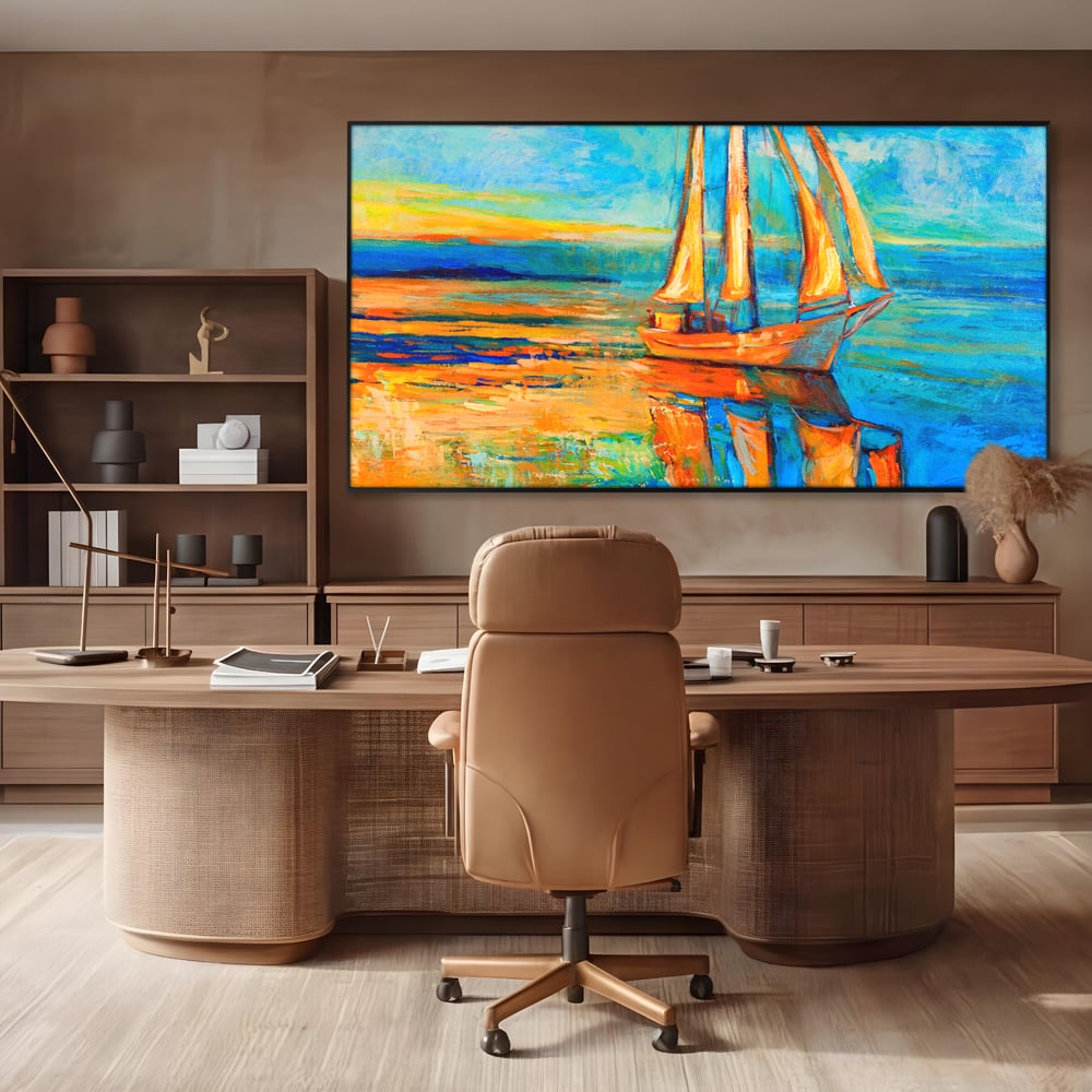 Tablou Canvas Premium LuxCanva® A1062, Pescar In Barca , Peisaj, Mare, Portocaliu, Abstract, Culori Vibrante