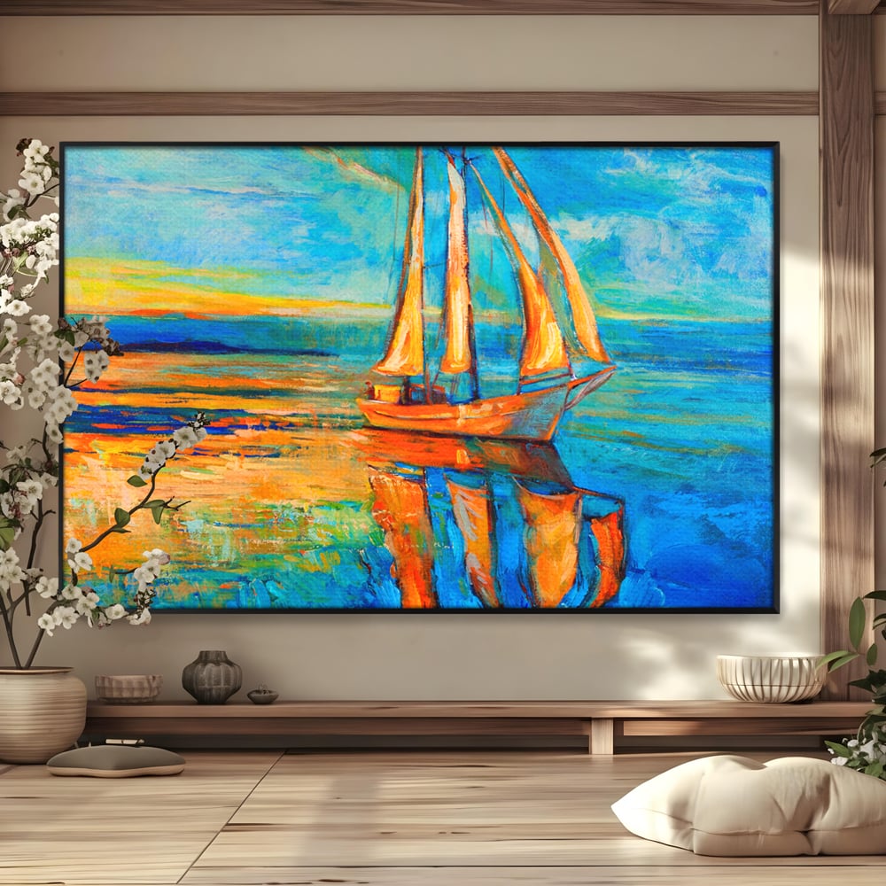 Tablou Canvas Premium LuxCanva® A1062, Pescar In Barca , Peisaj, Mare, Portocaliu, Abstract, Culori Vibrante