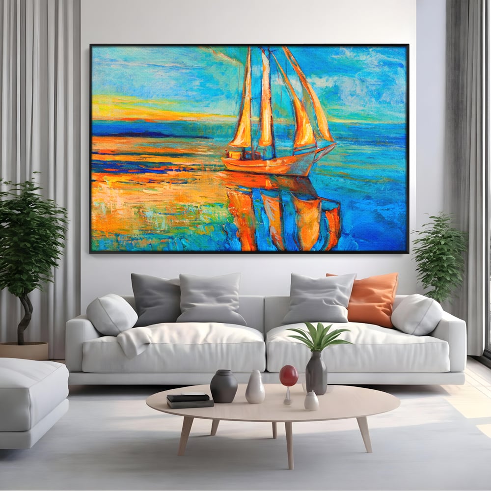 Tablou Canvas Premium LuxCanva® A1062, Pescar In Barca , Peisaj, Mare, Portocaliu, Abstract, Culori Vibrante