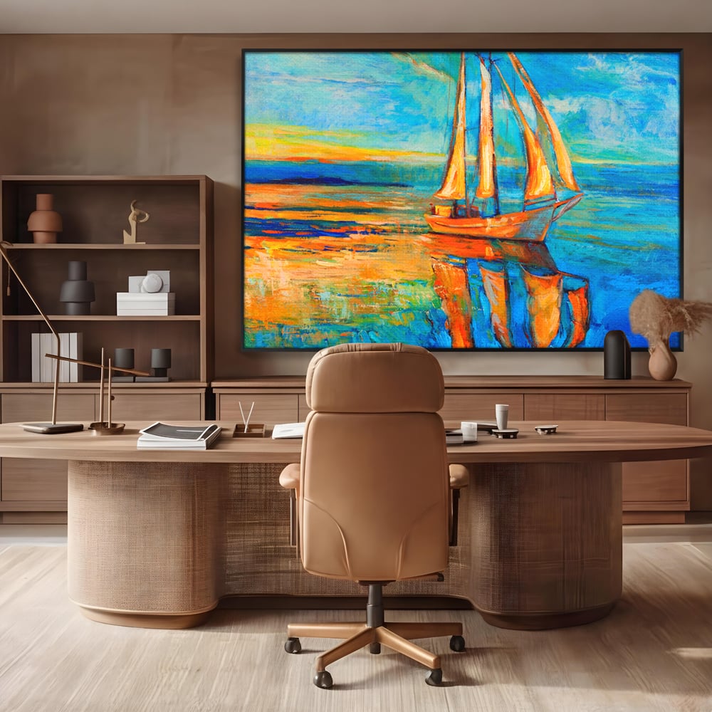 Tablou Canvas Premium LuxCanva® A1062, Pescar In Barca , Peisaj, Mare, Portocaliu, Abstract, Culori Vibrante