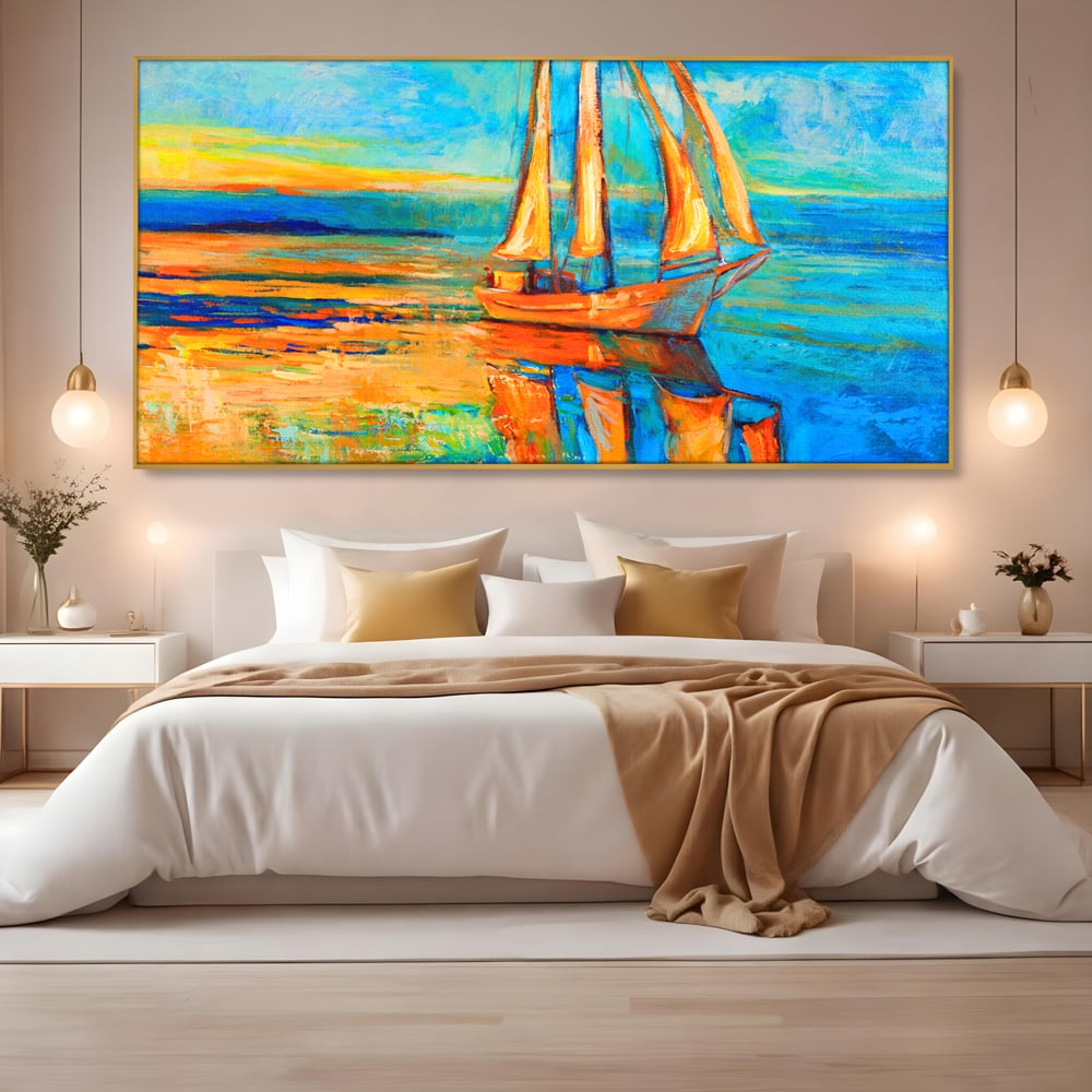 Tablou Canvas Premium LuxCanva® A1062, Pescar In Barca , Peisaj, Mare, Portocaliu, Abstract, Culori Vibrante