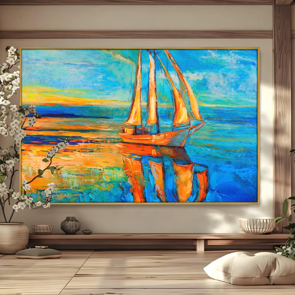 Tablou Canvas Premium LuxCanva® A1062, Pescar In Barca , Peisaj, Mare, Portocaliu, Abstract, Culori Vibrante