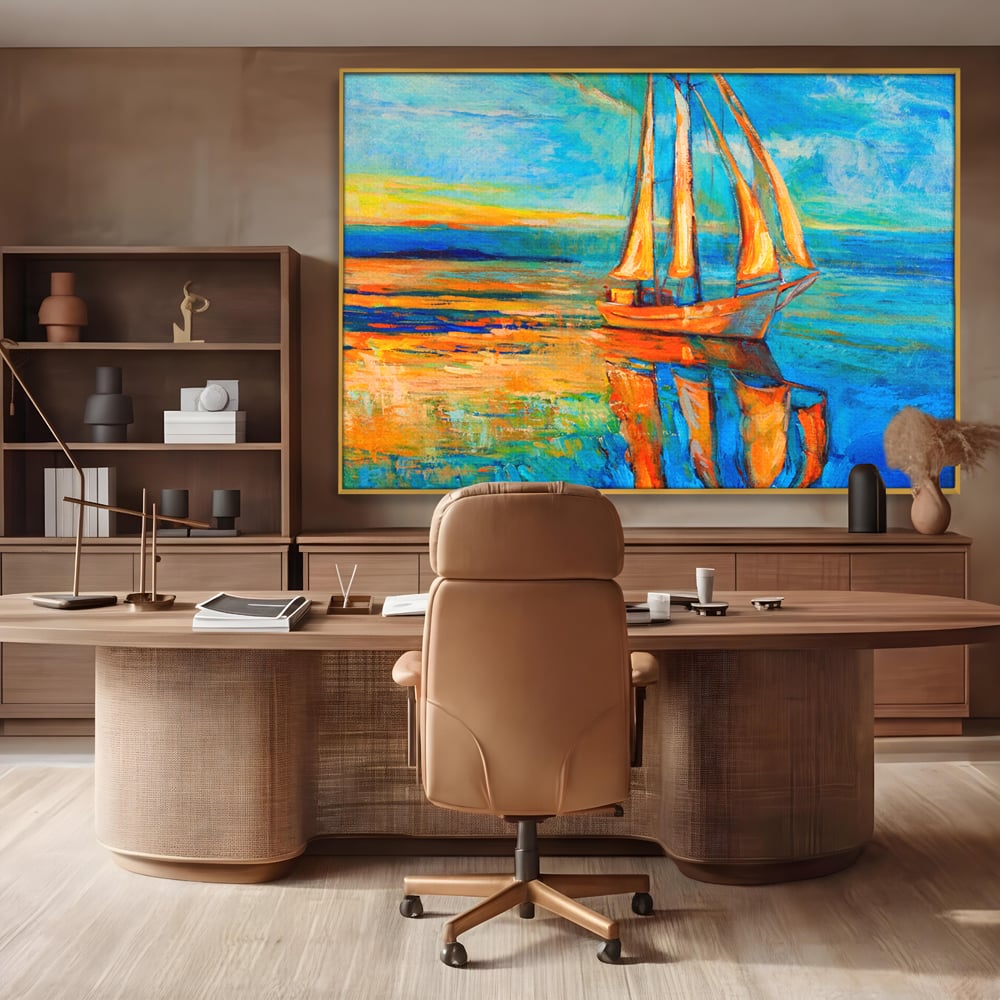 Tablou Canvas Premium LuxCanva® A1062, Pescar In Barca , Peisaj, Mare, Portocaliu, Abstract, Culori Vibrante