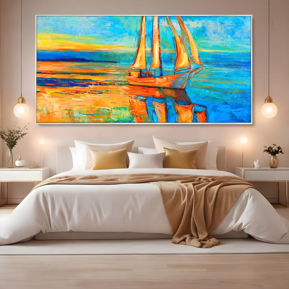 Tablou Canvas Premium LuxCanva® A1062, Pescar In Barca , Peisaj, Mare, Portocaliu, Abstract, Culori Vibrante