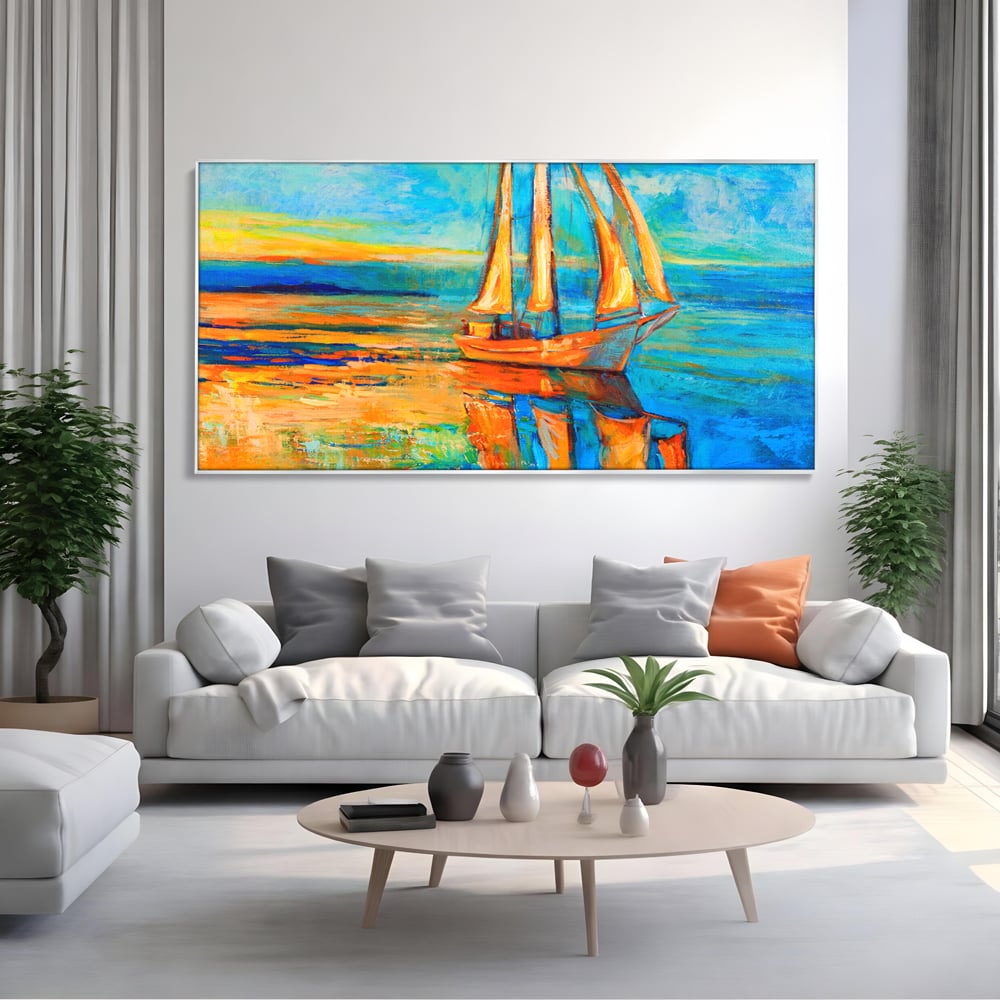 Tablou Canvas Premium LuxCanva® A1062, Pescar In Barca , Peisaj, Mare, Portocaliu, Abstract, Culori Vibrante