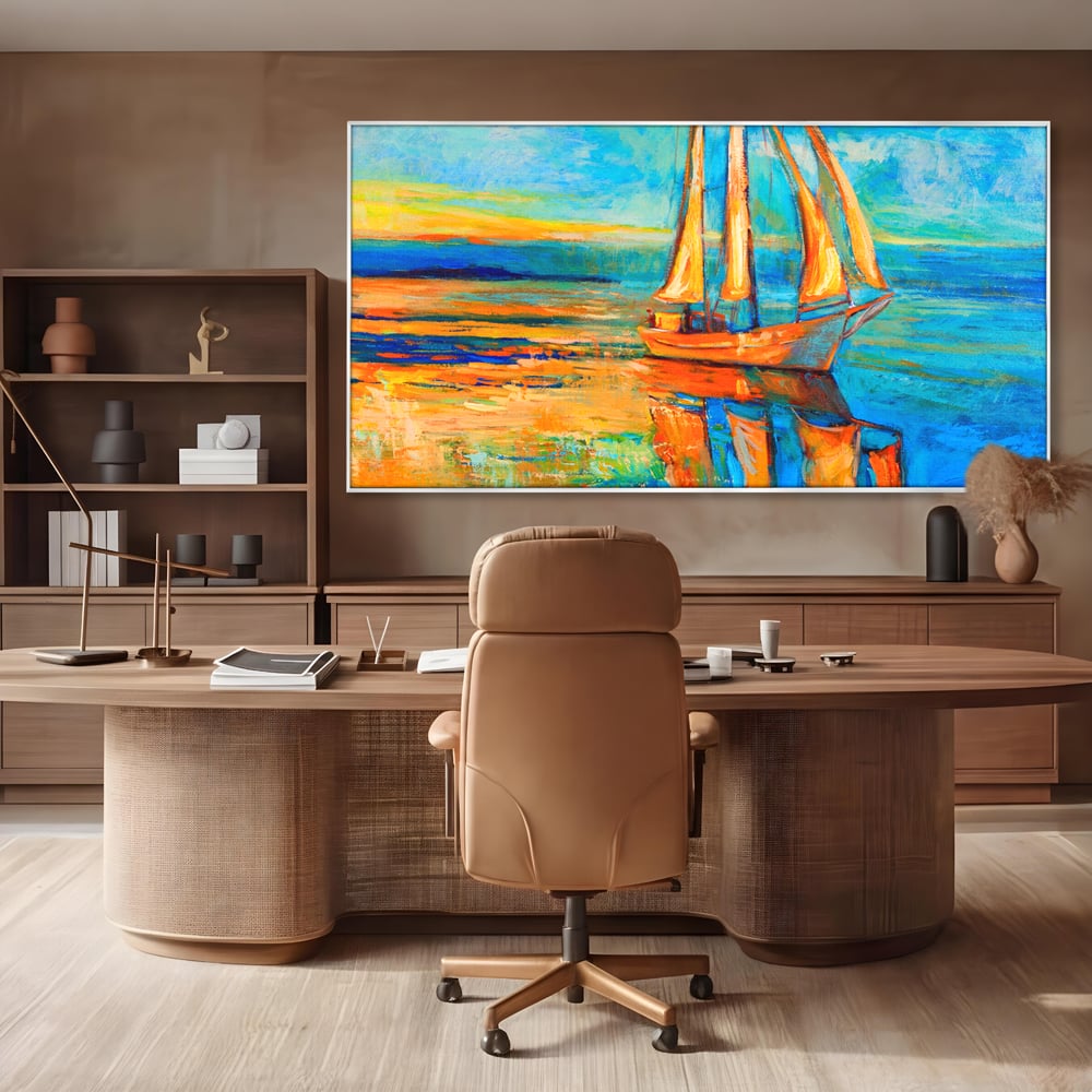 Tablou Canvas Premium LuxCanva® A1062, Pescar In Barca , Peisaj, Mare, Portocaliu, Abstract, Culori Vibrante