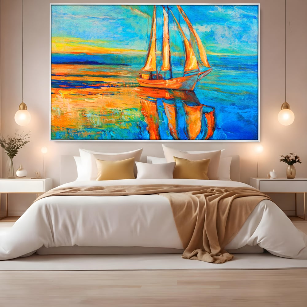 Tablou Canvas Premium LuxCanva® A1062, Pescar In Barca , Peisaj, Mare, Portocaliu, Abstract, Culori Vibrante