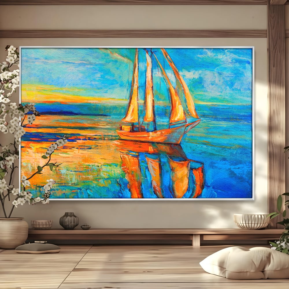 Tablou Canvas Premium LuxCanva® A1062, Pescar In Barca , Peisaj, Mare, Portocaliu, Abstract, Culori Vibrante