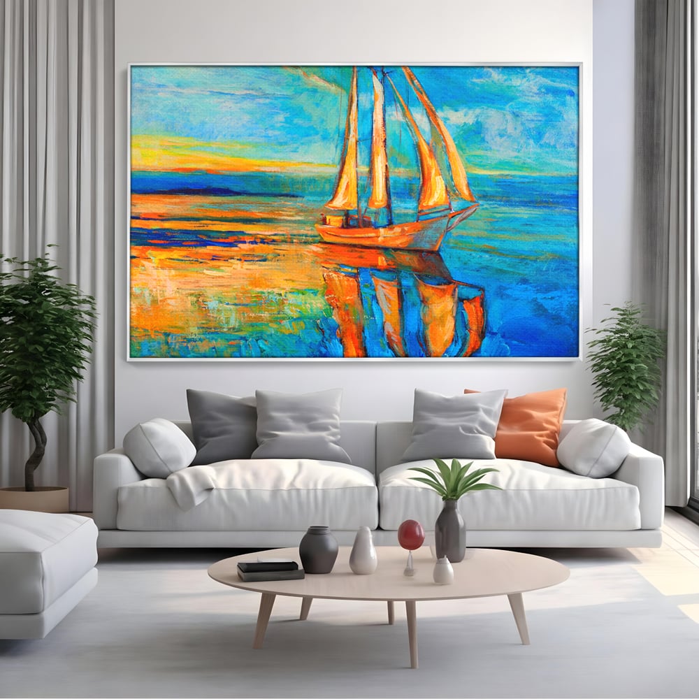 Tablou Canvas Premium LuxCanva® A1062, Pescar In Barca , Peisaj, Mare, Portocaliu, Abstract, Culori Vibrante