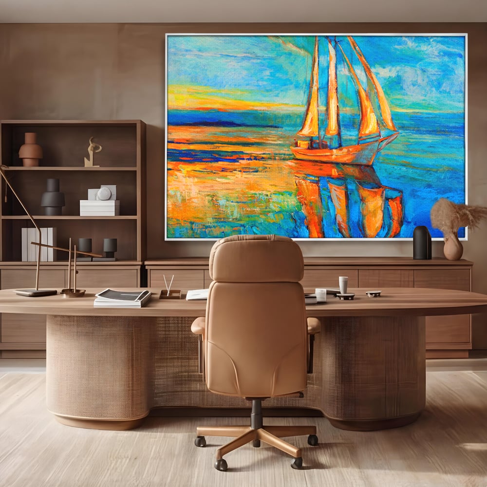 Tablou Canvas Premium LuxCanva® A1062, Pescar In Barca , Peisaj, Mare, Portocaliu, Abstract, Culori Vibrante