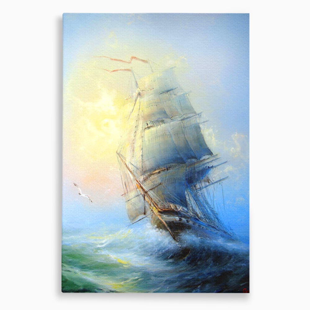 Tablou Canvas Premium LuxCanva® A1063, Vapor Pe Mare , Valuri, Furtuna, Vele, Culori Vibrante