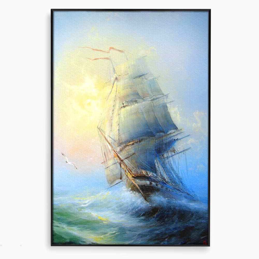 Tablou Canvas Premium LuxCanva® A1063, Vapor Pe Mare , Valuri, Furtuna, Vele, Culori Vibrante
