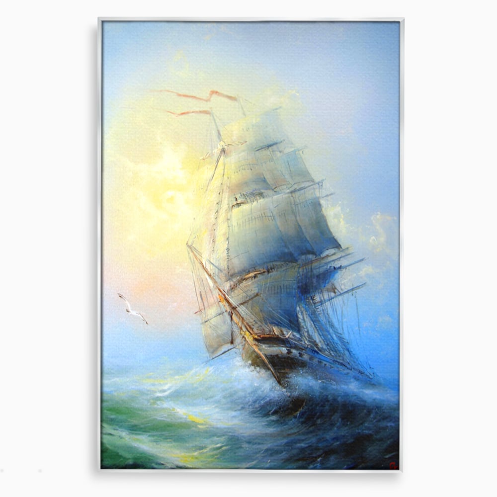 Tablou Canvas Premium LuxCanva® A1063, Vapor Pe Mare , Valuri, Furtuna, Vele, Culori Vibrante