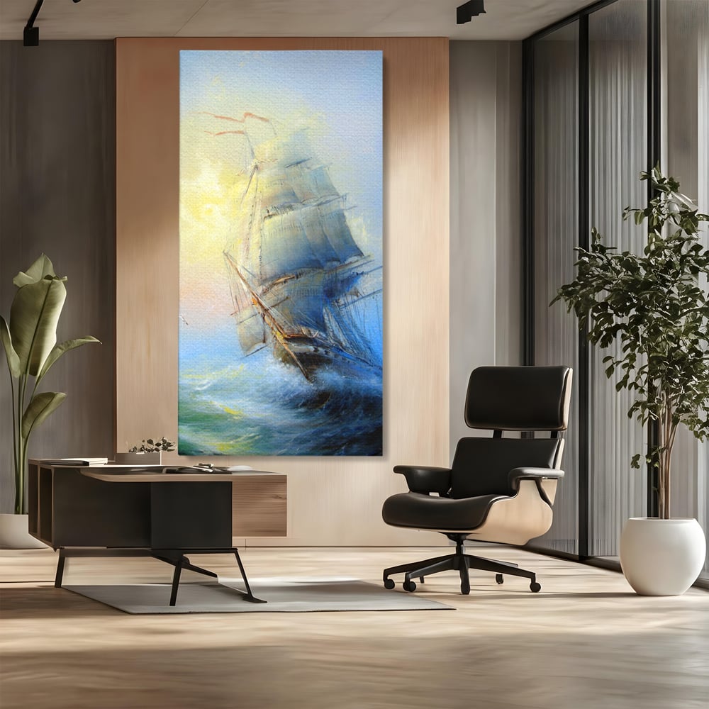 Tablou Canvas Premium LuxCanva® A1063, Vapor Pe Mare , Valuri, Furtuna, Vele, Culori Vibrante