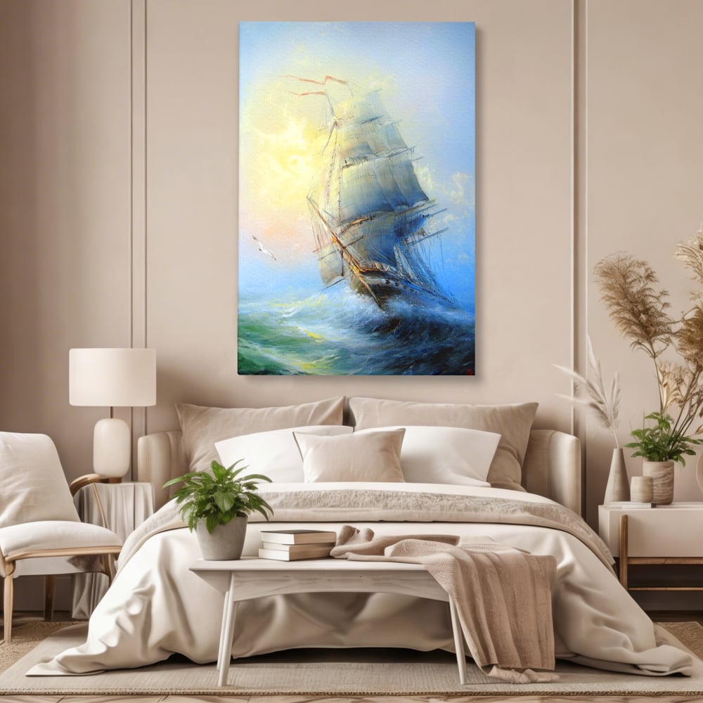Tablou Canvas Premium LuxCanva® A1063, Vapor Pe Mare , Valuri, Furtuna, Vele, Culori Vibrante