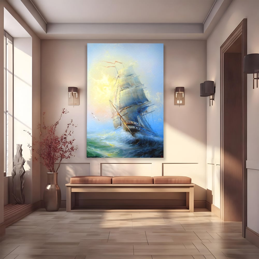 Tablou Canvas Premium LuxCanva® A1063, Vapor Pe Mare , Valuri, Furtuna, Vele, Culori Vibrante