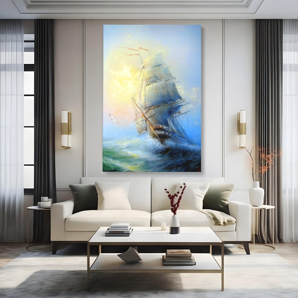 Tablou Canvas Premium LuxCanva® A1063, Vapor Pe Mare , Valuri, Furtuna, Vele, Culori Vibrante