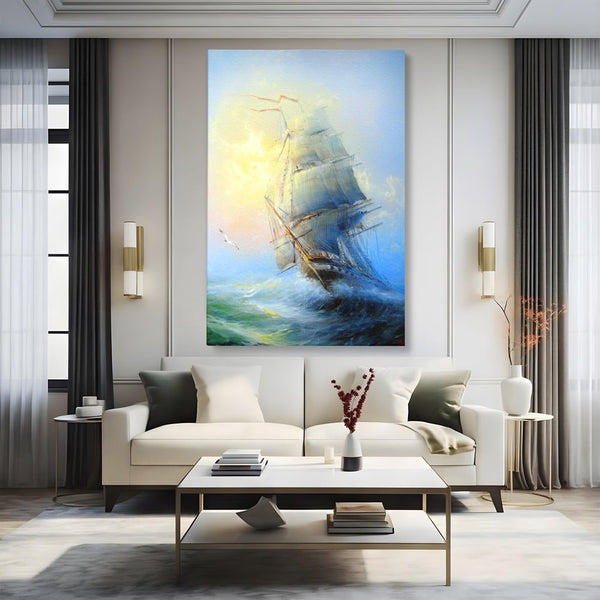 Tablou Canvas Premium LuxCanva® A1063, Vapor Pe Mare , Valuri, Furtuna, Vele, Culori Vibrante