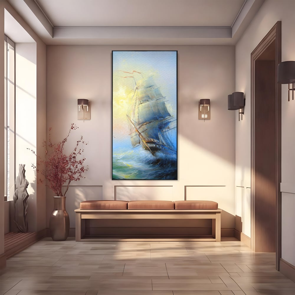 Tablou Canvas Premium LuxCanva® A1063, Vapor Pe Mare , Valuri, Furtuna, Vele, Culori Vibrante