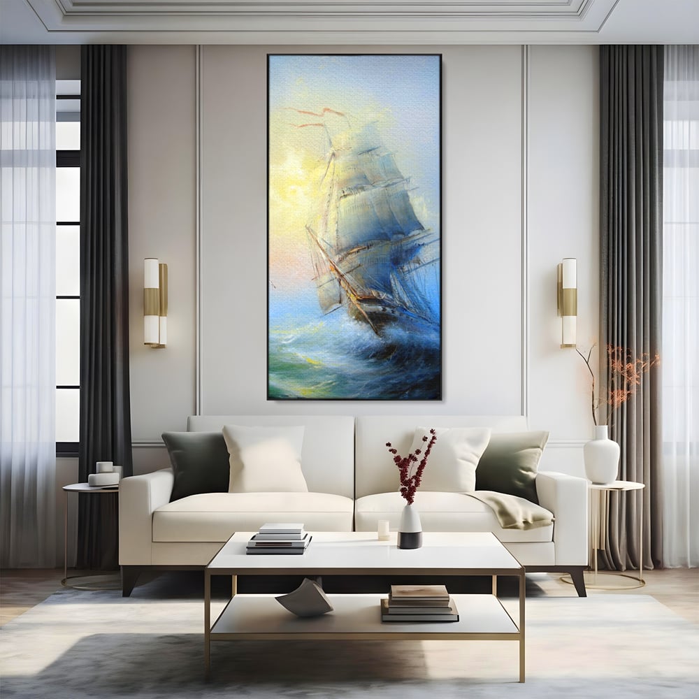 Tablou Canvas Premium LuxCanva® A1063, Vapor Pe Mare , Valuri, Furtuna, Vele, Culori Vibrante