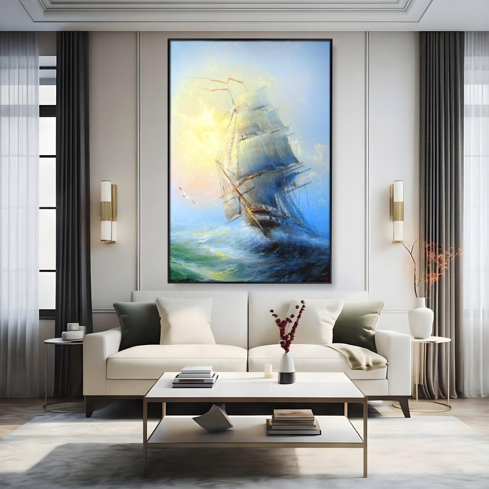 Tablou Canvas Premium LuxCanva® A1063, Vapor Pe Mare , Valuri, Furtuna, Vele, Culori Vibrante