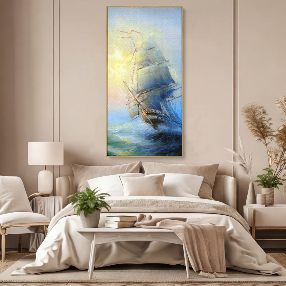 Tablou Canvas Premium LuxCanva® A1063, Vapor Pe Mare , Valuri, Furtuna, Vele, Culori Vibrante