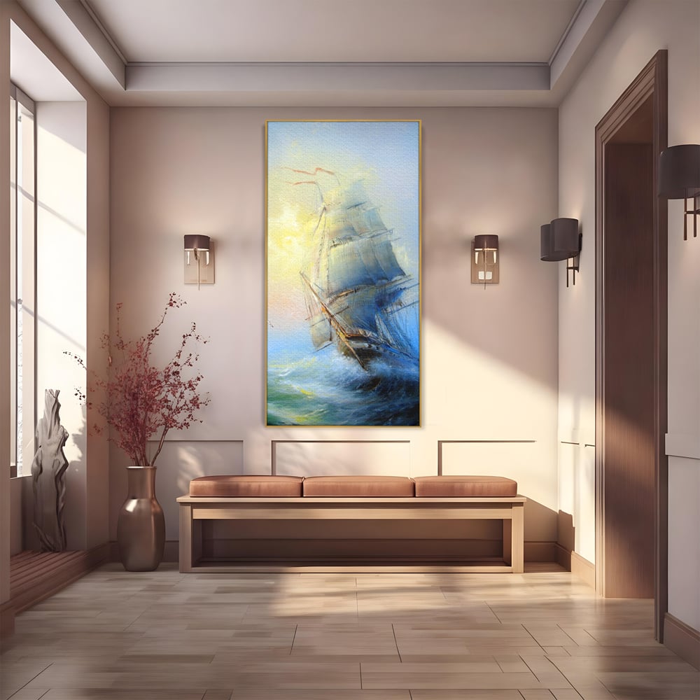 Tablou Canvas Premium LuxCanva® A1063, Vapor Pe Mare , Valuri, Furtuna, Vele, Culori Vibrante