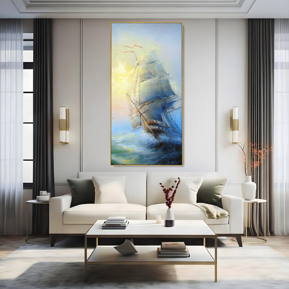 Tablou Canvas Premium LuxCanva® A1063, Vapor Pe Mare , Valuri, Furtuna, Vele, Culori Vibrante