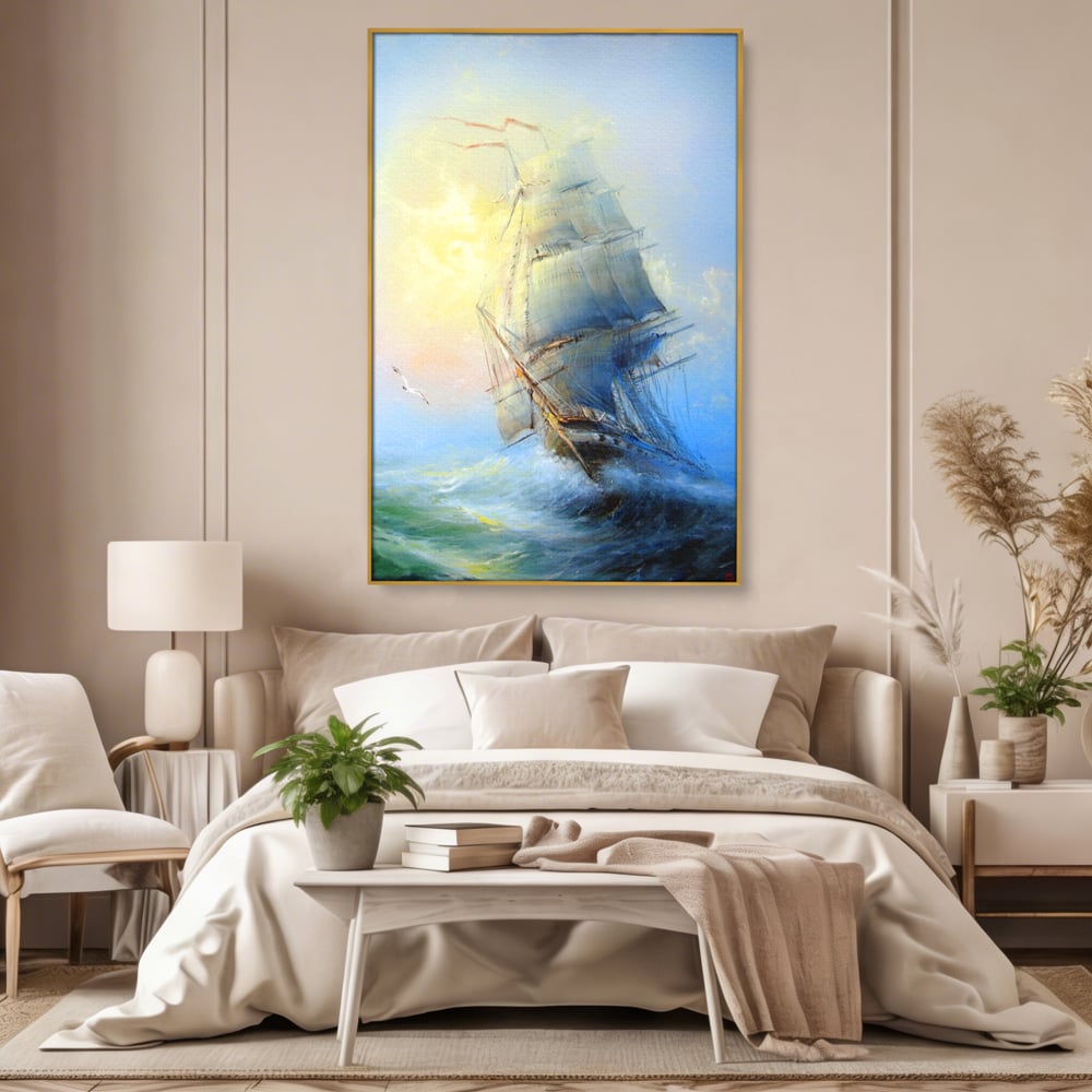 Tablou Canvas Premium LuxCanva® A1063, Vapor Pe Mare , Valuri, Furtuna, Vele, Culori Vibrante