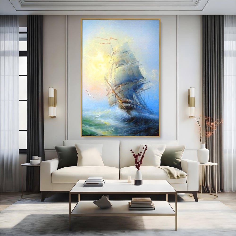 Tablou Canvas Premium LuxCanva® A1063, Vapor Pe Mare , Valuri, Furtuna, Vele, Culori Vibrante