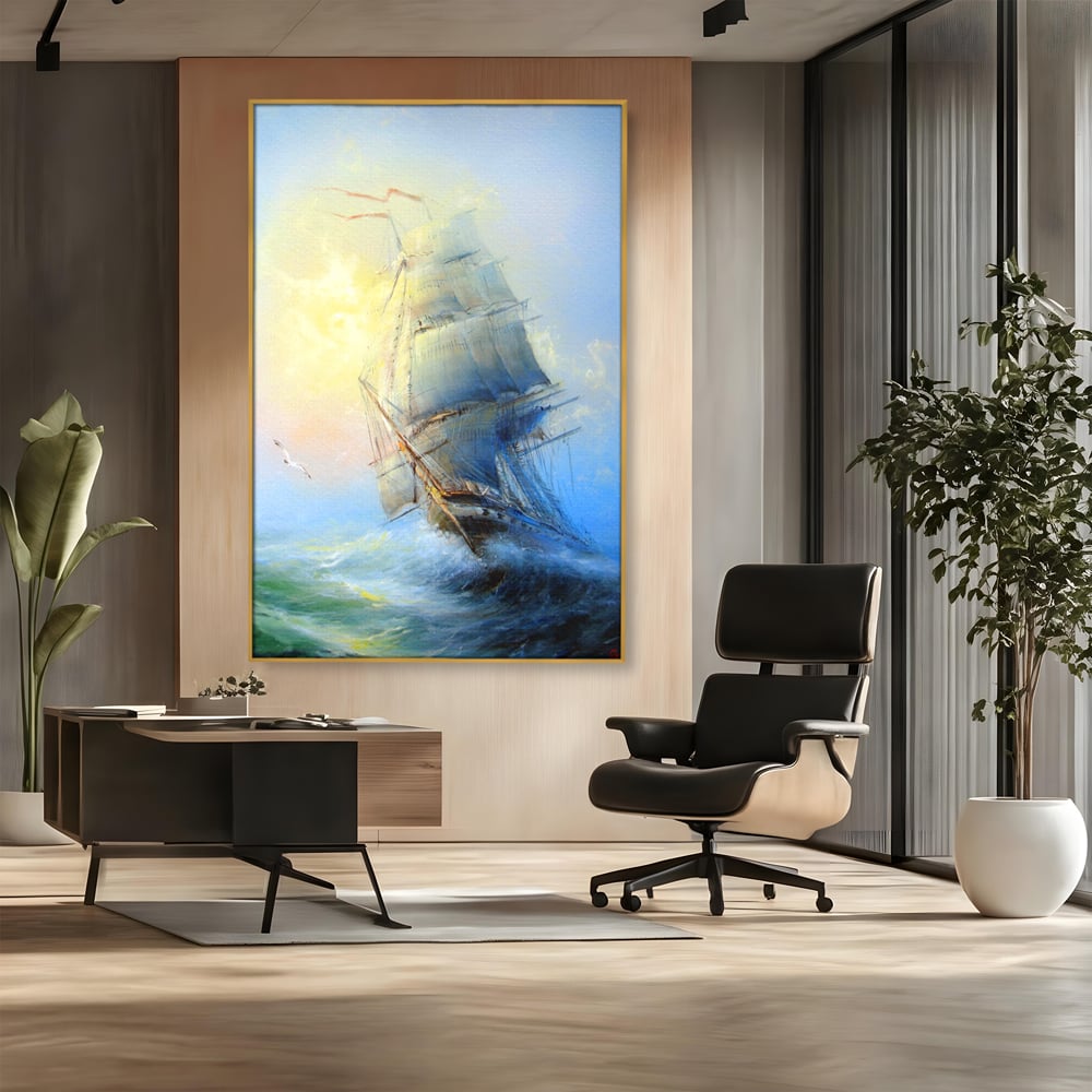 Tablou Canvas Premium LuxCanva® A1063, Vapor Pe Mare , Valuri, Furtuna, Vele, Culori Vibrante
