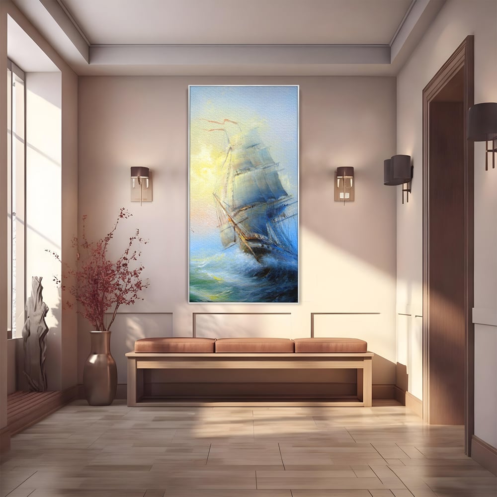 Tablou Canvas Premium LuxCanva® A1063, Vapor Pe Mare , Valuri, Furtuna, Vele, Culori Vibrante