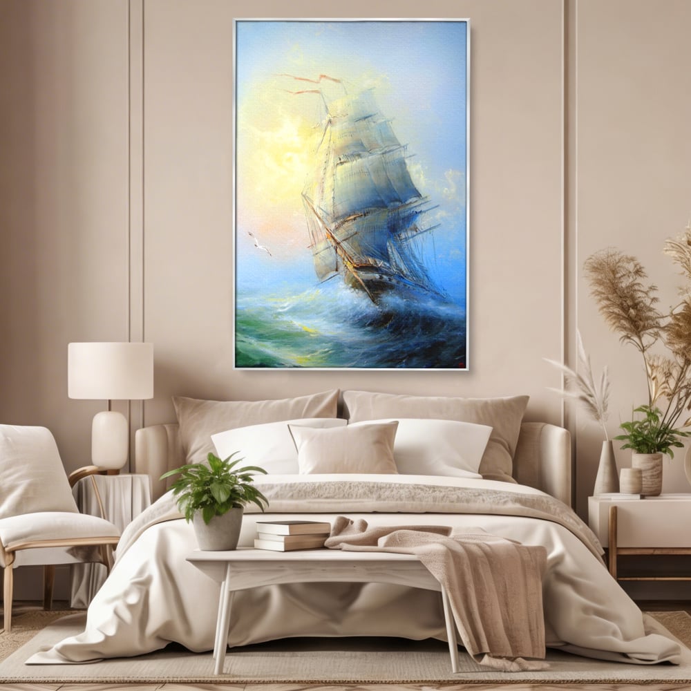 Tablou Canvas Premium LuxCanva® A1063, Vapor Pe Mare , Valuri, Furtuna, Vele, Culori Vibrante
