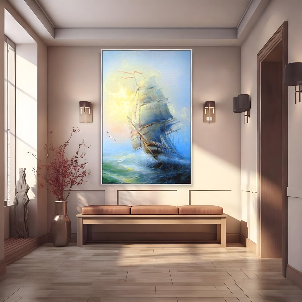 Tablou Canvas Premium LuxCanva® A1063, Vapor Pe Mare , Valuri, Furtuna, Vele, Culori Vibrante