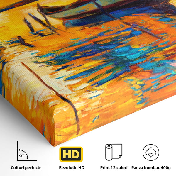 Tablou Canvas Premium LuxCanva® A1064, Barca La Apus , Ponton, Portocaliu, Mare, Abstract, Culori Vibrante