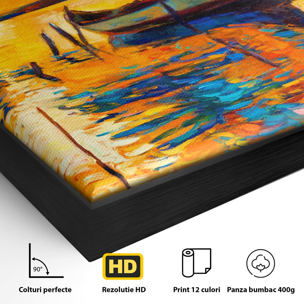 Tablou Canvas Premium LuxCanva® A1064, Barca La Apus , Ponton, Portocaliu, Mare, Abstract, Culori Vibrante