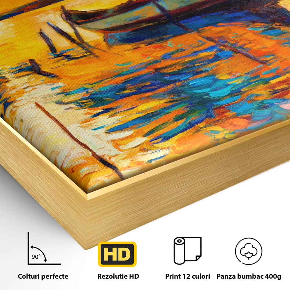 Tablou Canvas Premium LuxCanva® A1064, Barca La Apus , Ponton, Portocaliu, Mare, Abstract, Culori Vibrante