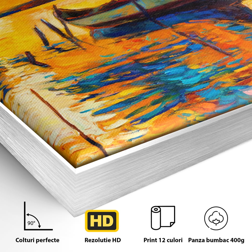 Tablou Canvas Premium LuxCanva® A1064, Barca La Apus , Ponton, Portocaliu, Mare, Abstract, Culori Vibrante
